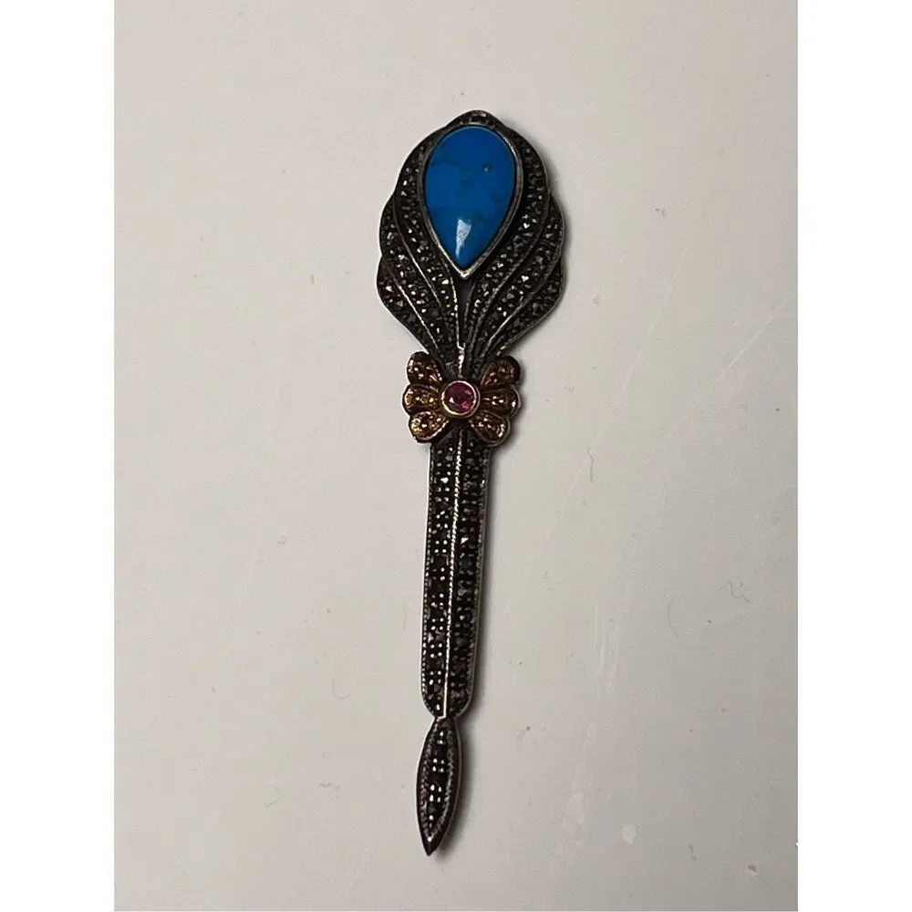 Antique Art Deco Marcasite Turquoise Pink Sapphire C-Clasp Pin Brooch